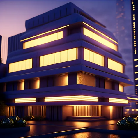 photo, ModernFutures style, a futuristic building lit up at night in the city