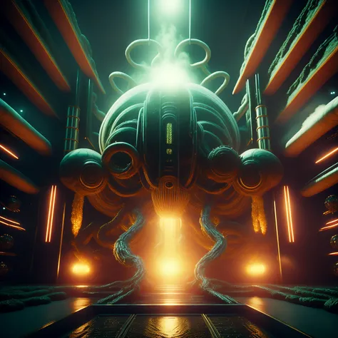 photo, A photograph of a massive, Lovecraftian machine, with twisting, writhing pipes and tendrils stretching out in all directions. The machine is surrounded by a strange, pulsating energy field, and the air seems to crackle with eldritch energy.