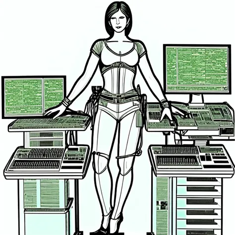 photo, LineArtGirl style, a drawing of a woman surrounded by computer equipment