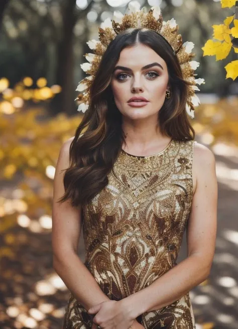 Masterpiece, beautiful lucy_hale, drill hair, wearing gold laced dress, autumn, leaves, trees, best quality, samdoesarts, portrait, intricate detail, relaxing, brown eyes, headdress, detailed eyes, big pupils, brown eyes
<lora:lucy_hale-000007:0.9>