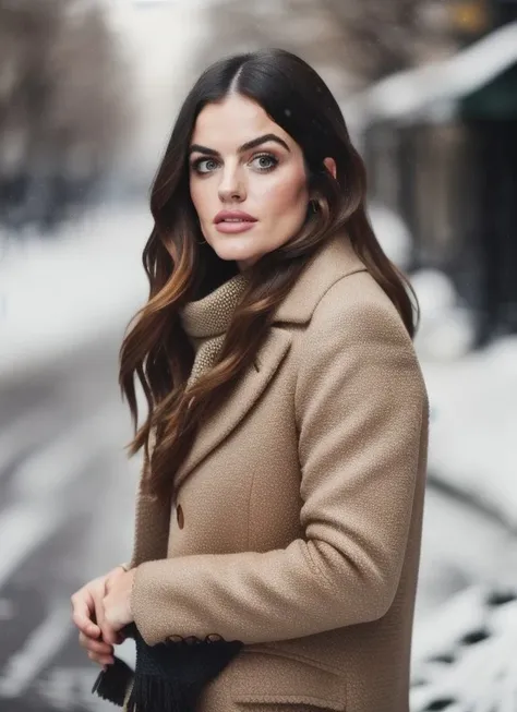 professional portrait photograph of a gorgeous lucy_hale, in winter clothing with long wavy dark hair, ((sultry look)), freckles,
 beautiful symmetrical face, cute natural makeup, ((standing outside in snowy city street)), BREAK ultra realistic, concept art, elegant, highly detailed, intricate, sharp focus, depth of field, f/1. 8, 85mm, medium shot, mid shot, (centered image composition), (professionally color graded), ((bright soft diffused light)), volumetric fog, trending on instagram, hdr 4k,
 <lora:lucy_hale-000007:0.9>