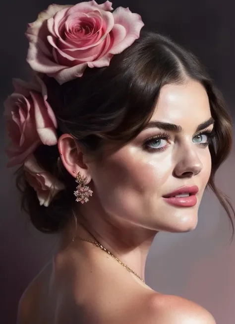 lucy_hale, with flowers in her hair and a wreath of pink roses on her head, standing in front of a dark background, painted by artgerm and tom bagshaw, fantasy art, dramatic lighting, highly detailed oil painting
<lora:lucy_hale-000007:0.7>