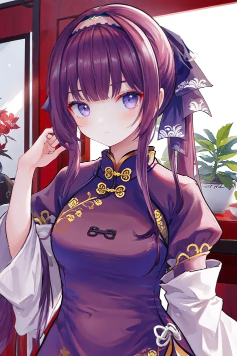 masterpiece, best quality, highres, 1girl ponytail hairband <lora:sumeragi_satsuki:1> china dress