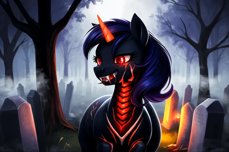 (pony:1.3), female, glowing eyes, red eyes, black body,scars,(open wounds:1.4), (bones:1.2), glowing blood, (bleeding:1.3), cemetery background, night, very beautiful, best quality, perfect anatomy, fluff, (body fur), masterpiece, (digital painting, soft shading,, warm lighting), (cute:1.3), visible skeleton, (fangs:1.2), grin, fog