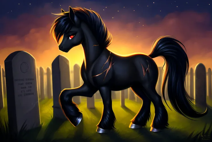 pony, female, glowing eyes, red eyes, black body,scars, cemetery background, night, very beautiful, best quality, perfect anatomy, fluff, (body fur), masterpiece, (digital painting, soft shading,, warm lighting), cute,