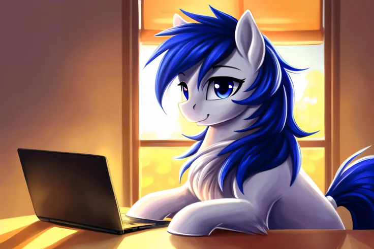 pony, male, programer, perfect anatomy, fluff, (body fur), masterpiece, (digital painting, soft shading, warm lighting), cute,