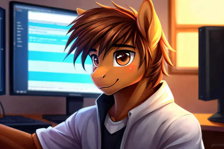 pony, male, programer, perfect anatomy, fluff, (body fur), masterpiece, (digital painting, soft shading, warm lighting), cute, in front of the monitor, brown hair, brown eyes