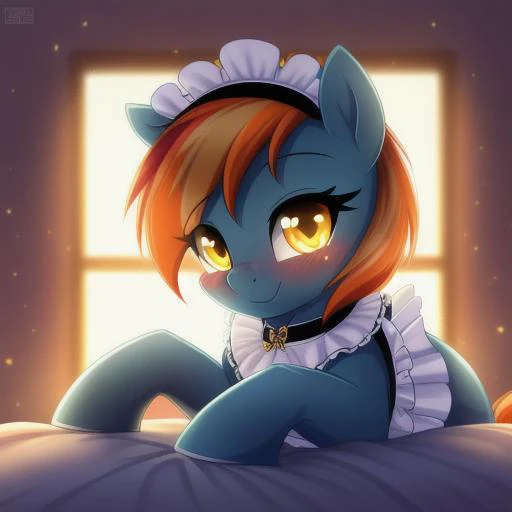 feral pony, portrait, ((bedroom)), ((maid outfit)) (masterpiece), (raytracing), (cinematic lighting), triadic lighting, High Definition, light particles, (shading), ((((smooth dark blue fur)))), clear eyes ((shiny dark blue coat)), (((glowing clear yellow eyes))), ((pony)), (dark orange hair)), ((four hooves)) female, foal, {my little pony}, ((orange tail)), (((cute))), ((detailed eyes)), ((cyan yellow eye's)),  NSFW, blush,  (((cute))), (((Explicit))) (((pony))), ((sexy)), ((clear eye's)), ((filly)), (((cute))), ((young)) ((orange highlights)),