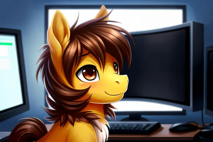 pony, male, programer, perfect anatomy, fluff, (body fur), masterpiece, (digital painting, soft shading, warm lighting), cute, in front of the monitor, brown hair, brown eyes
