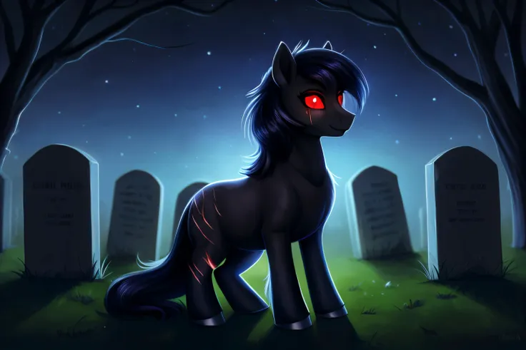 pony, female, glowing eyes, red eyes, black body,scars, cemetery background, night, very beautiful, best quality, perfect anatomy, fluff, (body fur), masterpiece, (digital painting, soft shading,, warm lighting), cute,