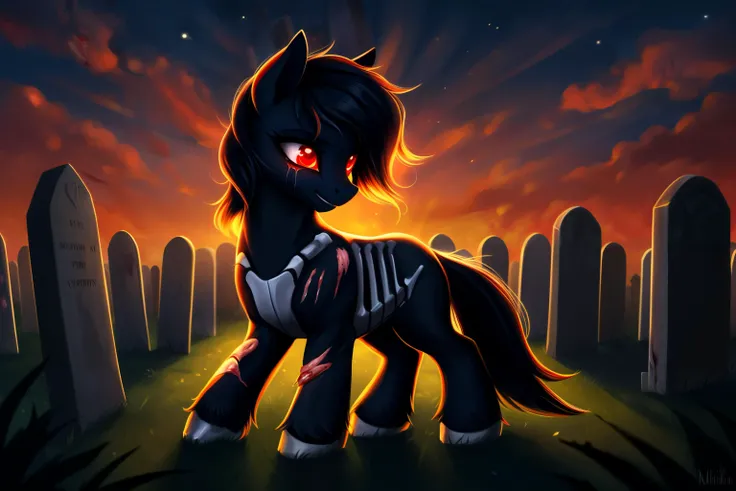 pony, female, glowing eyes, red eyes, black body,scars,(open wounds:1.4), (bones:1.2), (bleeding:1.3), cemetery background, night, very beautiful, best quality, perfect anatomy, fluff, (body fur), masterpiece, (digital painting, soft shading,, warm lighting), (cute:1.3),