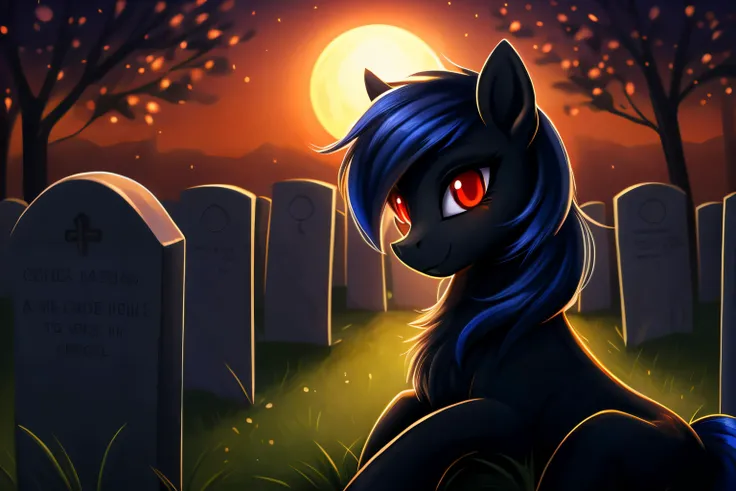 pony, female, glowing eyes, red eyes, black body, cemetery background, night, very beautiful, best quality, perfect anatomy, fluff, (body fur), masterpiece, (digital painting, soft shading,, warm lighting), cute,