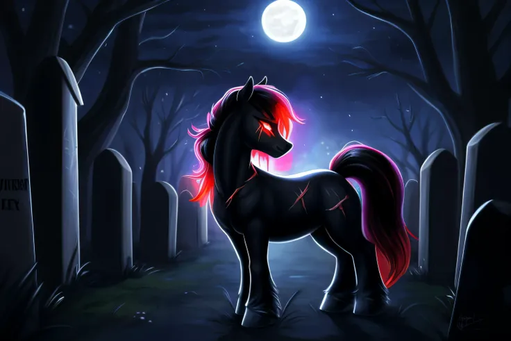 pony, female, glowing eyes, red eyes, black body,scars,bleeding out, cemetery background, night, very beautiful, best quality, perfect anatomy, fluff, (body fur), masterpiece, (digital painting, soft shading,, warm lighting), cute,