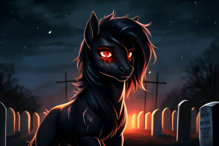 pony, female, glowing eyes, red eyes, black body,scars,(bleeding:1.3), cemetery background, night, very beautiful, best quality, perfect anatomy, fluff, (body fur), masterpiece, (digital painting, soft shading,, warm lighting), cute,
