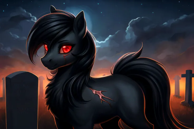 pony, female, glowing eyes, red eyes, black body,scars, cemetery background, night, very beautiful, best quality, perfect anatomy, fluff, (body fur), masterpiece, (digital painting, soft shading,, warm lighting), cute,