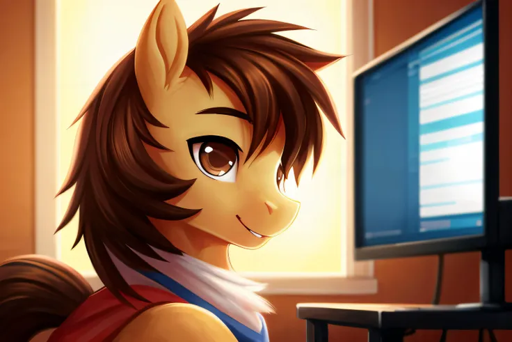 pony, male, programer, perfect anatomy, fluff, (body fur), masterpiece, (digital painting, soft shading, warm lighting), cute, in front of the monitor, brown hair, brown eyes