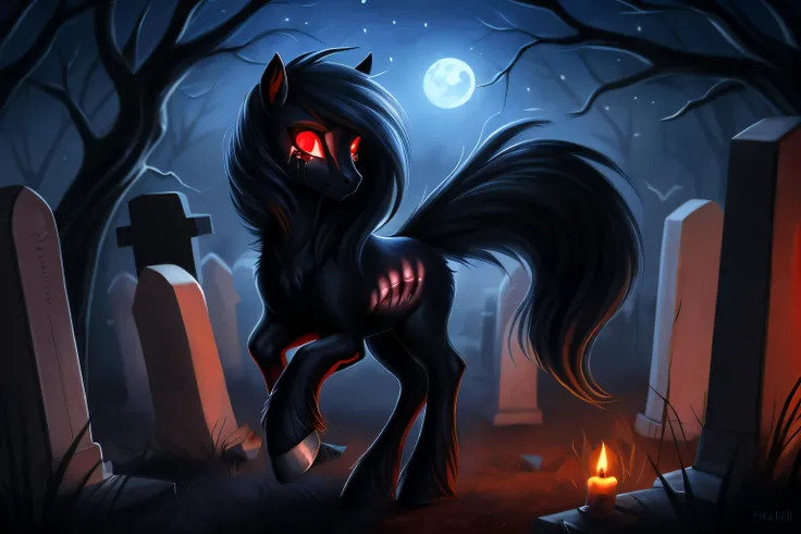 pony, female, glowing eyes, red eyes, black body,scars,(open wounds:1.4), (bones:1.2), (bleeding:1.3), cemetery background, night, very beautiful, best quality, perfect anatomy, fluff, (body fur), masterpiece, (digital painting, soft shading,, warm lighting), (cute:1.3),