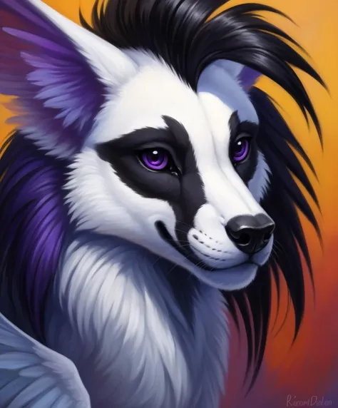 (feral), female, white body, dark purple eyes, black hair, folded wings, mohawk, looking at you, black eye shadow, digital artwork, oil painting, soft shading, portrait