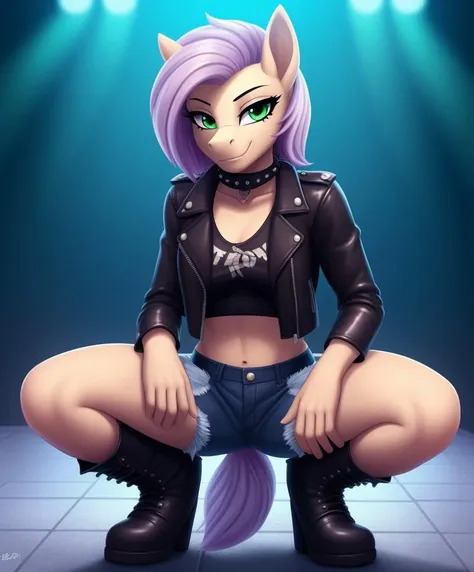 rating_explicit, limestone pie, anthro pony, punk clothes, crouching, spread legs, smug expression, leather jacket, collar, black jean shorts, tight jean shorts, hand down pants, unbuttoned jeans, hoof boots, looking at viewer, green croptop