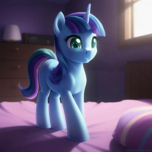 feral pony, portrait, ((bedroom)), (masterpiece), (raytracing), (cinematic lighting), triadic lighting, High Definition, light particles,, ((smooth blue skin)), ((purple and blue pony body)), (((green clear eyes))), ((short dark blue hair and tail with purple highlights)), ((four hooves)) female, mare, {my little pony}, (((cute))), , (((pony))),