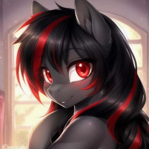 feral pony, portrait, ((bedroom)), ((socks)) (masterpiece), (raytracing), (cinematic lighting), triadic lighting, High Definition, light particles, (shading), ((((smooth dark gray fur)))), red glowing clear eyes ((shiny fur pony body)), (((glowing clear red eyes))), ((pony)), ((long wavy black hair)), ((four hooves)) female, mare, {my little pony}, blush ((black tail)), (((cute))), (((pony))), ((sexy)) ((small red highlights)) (((pony))), ((sexy)), ((clear eye's)), ((red eye colour)), ((dark grey fur colour)), fluffy:1, (masterpiece, best quality:1.1), fragrant, colourful, idyllic, whimsical, by Russolo Rossdraws Kinkade, (((cute)))