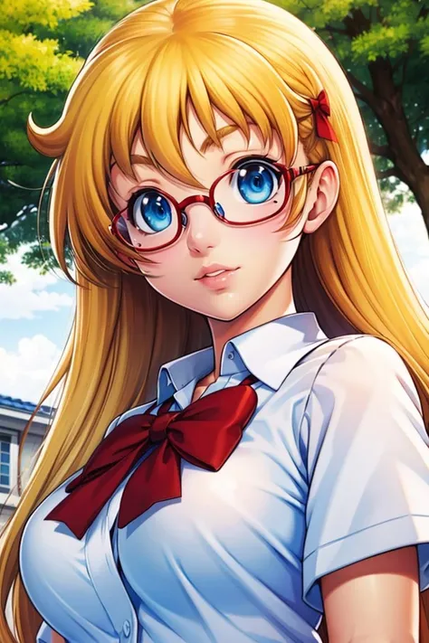 looking at viewer, facial close up, facial focus, upperbody,
miufuri, 1girl, lips, long blonde hair, blue eyes, beauty mark, breasts, perky, dress shirt, red bow, schoolgirl uniform, red-rimmed glasses
glistening skin,
outdoors, schoolyard, japanese school,
<lora:miu_furinji-03:0.75>