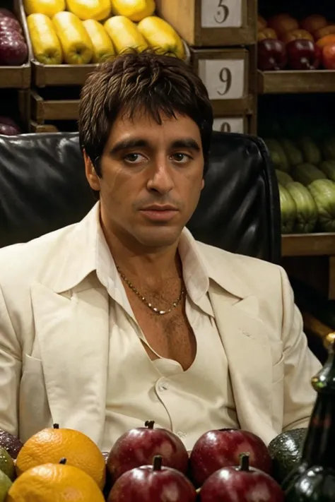 Scarface at the super market, produce, fruits and veggies, realistic, natural lighting, post-processing, highly detailed, cinematic, intricate scenery, sharp, photo by Annie Leibovitz, studio lighting, ultra realistic, bokeh, <lora:Scarface:0.75>