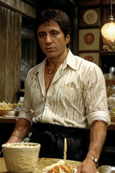 Scarface sitting at a ramen noodle shop, steaming hot bowl of ramen, gyoza, sauce, delicious, realistic, natural lighting, post-processing, highly detailed, cinematic, intricate scenery, sharp, photo by Annie Leibovitz, studio lighting, ultra realistic, bokeh, <lora:Scarface:0.75>