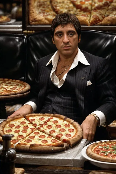 Scarface owner of a pizza shop in Brooklyn, many pizzas, delicious, realistic, natural lighting, post-processing, highly detailed, cinematic, intricate scenery, sharp, photo by Annie Leibovitz, studio lighting, ultra realistic, bokeh, <lora:Scarface:0.75>