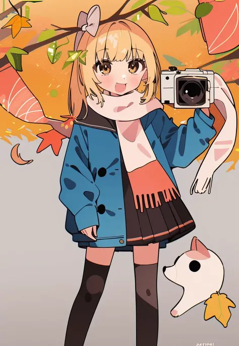 1girl, camera, thighhighs, long hair, scarf, cat, blonde hair, skirt, solo, coat, hair ribbon, ribbon, animal on shoulder, white thighhighs, signature, holding camera, leaf, zettai ryouiki, shoes, pleated skirt, standing, looking at viewer, holding, white ribbon, autumn, autumn leaves, animal, tree, loafers, smile, brown eyes, ribbon-trimmed legwear, ribbon trim, plaid, open coat <lora:mayoi_zzzã¾ããã-05:1>