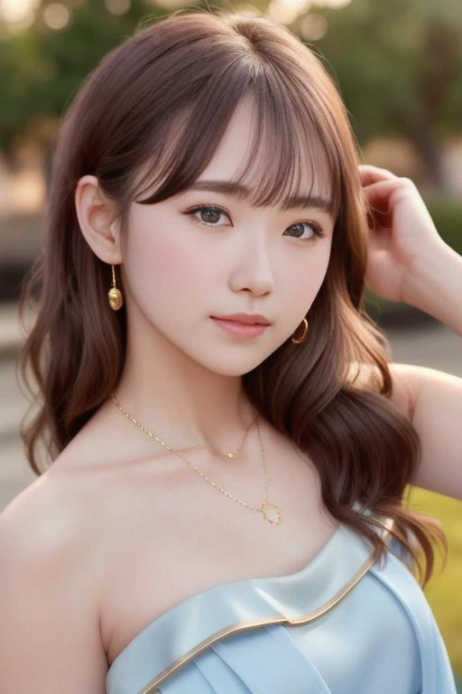 masterpiece, (highly detailed skin), (golden hour),outside, gorgeous, (realistic face), fashion, close-up, necklace, (blue dress:1.1), slight smile, artistic <lora:ShimamuraUtav1:1>