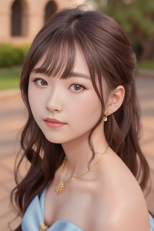 masterpiece, (highly detailed skin), (golden hour),outside, gorgeous, (realistic face), fashion, close-up, necklace, (blue dress:1.1), slight smile, artistic <lora:ShimamuraUtav1:1>