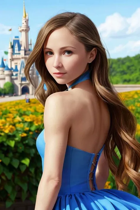 Picture, best quality, portrait photo of beautiful Koh_DominiquePC,  modelshoot style, dressed as a disney princess, european castle, blue sky, castle bailey, castle towers, optical flare, looking at viewer, [[slight smile]], perfect face, perfect eyes, sharp focus 8k high definition, insanely detailed, intricate, elegant, art by stanley lau and artgerm, blurred background