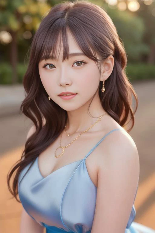 masterpiece, (highly detailed skin), (golden hour),outside, gorgeous, (realistic face), fashion, close-up, necklace, (blue dress:1.1), slight smile, artistic <lora:ShimamuraUtav1:1>