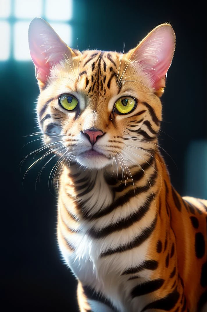 Bengal cat, yellow expressive eyes, bright day, sunny day, realistic hair, photogyperrealism, lots of fine detail, hyper detail, ray tracing, realistic, Cinematic, neon light, lantern, third person view, natural textures, natural hair, photography, natural light, Nikon D750, 8K, HDR, (the most beautiful portrait in the world:1.5)
