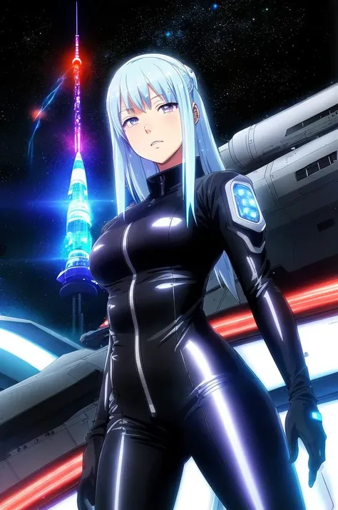 girl in tight jumpsuit, spaceship inside, Tsutomu Nihei style, Blame! , Sidonia no Kishi, gigantism, space station, multistory space, futuristic style, neon-lit energy beams, icy anabiosis capsules in the background, ice in the background, blue energy beam in the background, blue neon light, the highest quality, the highest detail, anime, manga graphics, drawing, first person, 8K, Full-HD, Plasma, (the most beautiful portrait in the world:1.5)