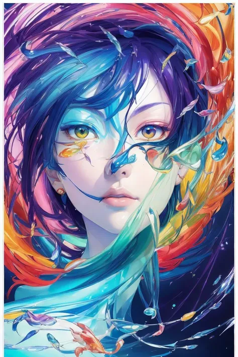 (the most beautiful portrait in the world:1.5),
a woman looking into the ocean of fishes, glowing aura around her
(anime poster /(composition)/,(colorful, dynamic pose), looking at viewer, yanjun cheng portrait painting, 3/4 perspective view, cute face, low angle),UHD, HDR, 8K, (Masterpiece:1. 5), <lora:LowRA:0.6>, dark theme