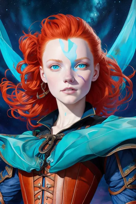 _james jean, medieval RPG character painting ginger hair upsweep updo swashbuckler rogue corset shirt teal leather pants| beautiful night sky | photo manipulation| beautiful composition, colorful and vibrant, mystical colors, contemporary impressionism, yanjun cheng portrait painting, iridescent painting, 3/4 perspective view, cute face, low angle, (the most beautiful portrait in the world:1.5) BREAK
UHD, HDR, 8K, (Masterpiece:1. 5),
