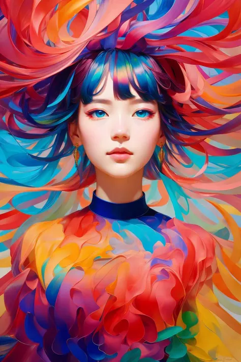 _james jean, floating female figure made of ribbons, smoke, in the sky, colorful and vibrant, mystical colors, contemporary impressionism, yanjun cheng portrait painting, iridescent painting, 3/4 perspective view, cute face, low angle, sweeping circling composition, large beautiful crystal eyes, big irises, (the most beautiful portrait in the world:1.5), UHD, HDR, 8K, (Masterpiece:1. 5), <lora:LowRA:0.6>, dark theme