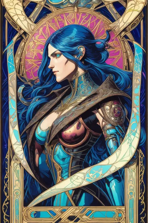 tarot card, side profile of beautiful cyberpunk , styled in Art Nouveau , detailed, high definition , concept art , digital art , vibrant, (the most beautiful art in the world:1.2)