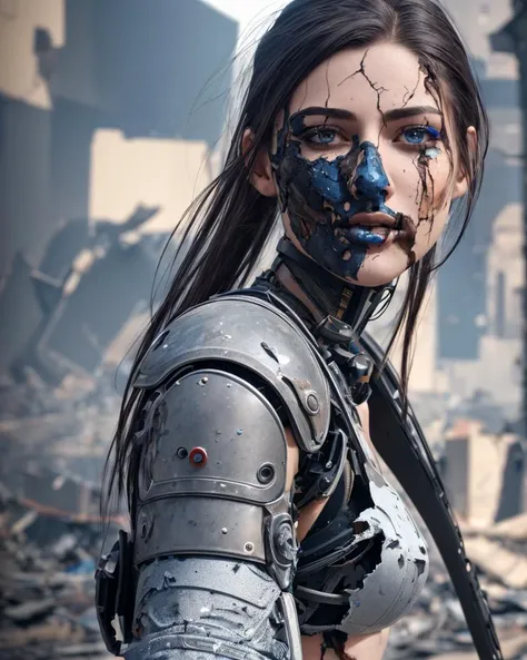 full body 8k unity render,sexy female teen cyborg, Blue yonder hair, wearing broken battle armor, in the ruined and burned streets of kyiv, action shot, tattered torn shirt, skin pores, detailed intricate iris, (((detailed facial features))), very dark lighting, heavy shadows, detailed, detailed face, (vibrant, photo realistic, realistic, dramatic, dark, sharp focus, 8k)