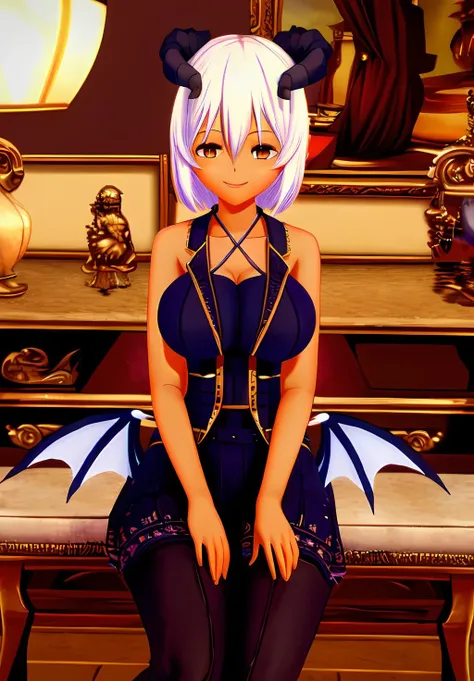 white dress, scattered vibrant hues like an artist's palette, short hair, bob cut, white hair, natural pose, full body, background resonating a burst of pigments, beautiful eye, closed mouth, evil smile, female protagonist, young girl, deep purple or deep-sea blue eyes, white one-piece dress, light-themed, mischievous expression, explosion of colors, splashes of colorful paint,