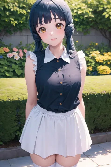 (masterpiece, best quality, ultra detailed), (perfect face, detailed face), (detailed background, complex background:1.2), full-face blush, serious,
<lora:reika_kitakami_v1:1> reika kitakami, long hair, twintails,shirt, skirt, gloves, thighhighs,
(outdoors, garden, thighs, arms arms behind back, tilt head)
