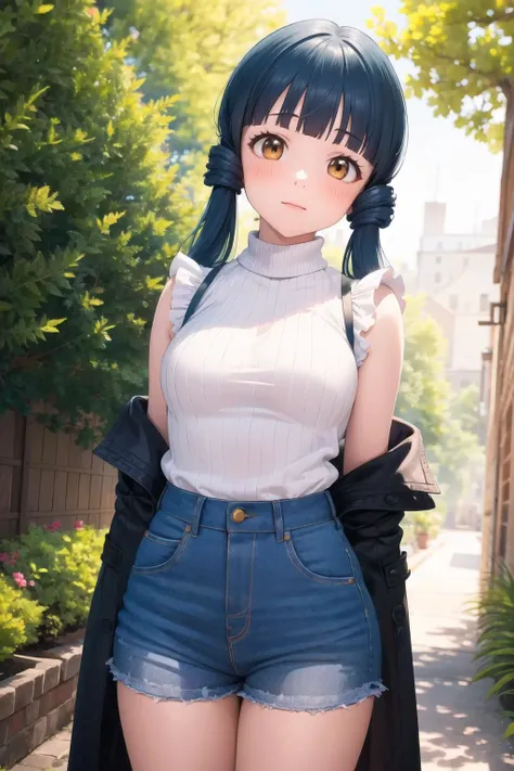 High resolution, Highest quality,  super high quality, Very detailed, 8K、Embarrassing、Sweaty、Sweat、Embarrassing、(masterpiece:1.2, Highest quality), (Realistic, photoRealistic:1.4), Beautiful illustrations, (Natural Side Lighting, Cinema Lighting), View your viewers, whole body, 1 Girl, Japanese, high school girl, Perfect Face, Cute and symmetrical face, Shiny skin, Baby Face, (short hair, Low twin tails,Black Hair), black eye, Big eyes, Droopy eyes, (Center of chest, Captivating thighs, Big Ass)