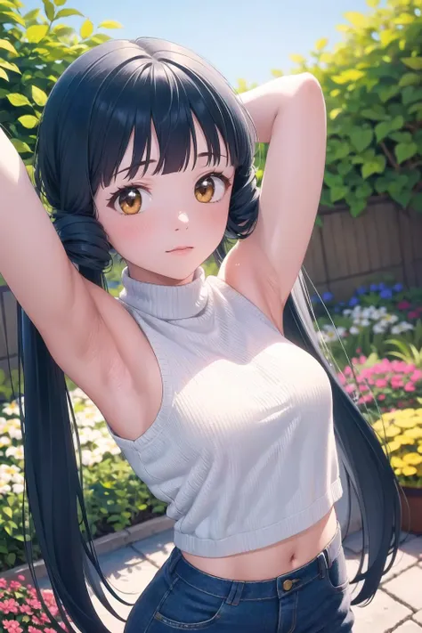 masterpiece, 4k, 8k, small breast, kawaii, Embarrassed face, ,tits, Black Hair, Twin tails, Emphasize the chest、Nipple Contour, Cleavage, garden