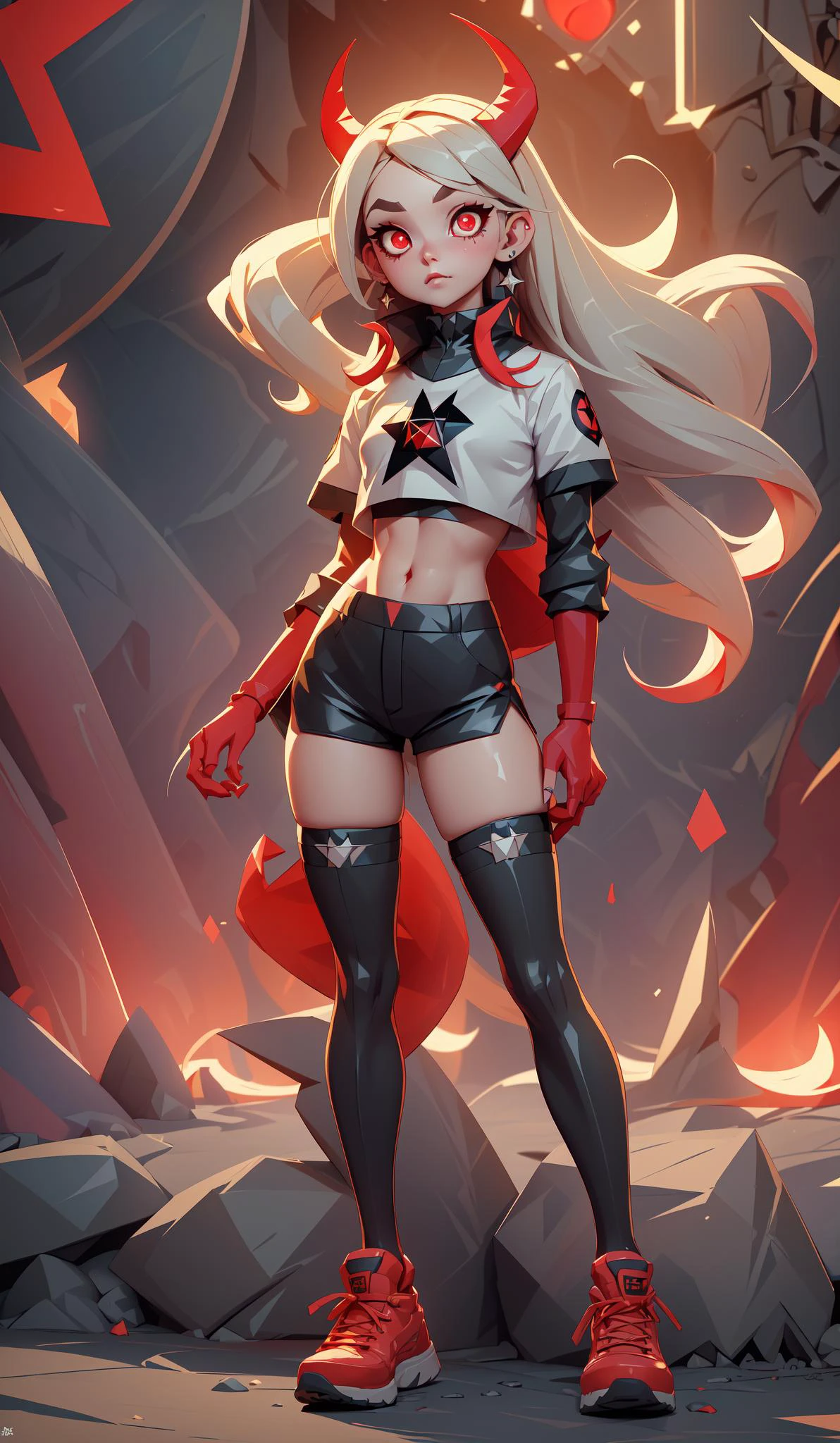 (loona:1.2), human, tan skin, silver gray hair, (loonacroptop, loonashorts, crop top, shirt, topwear, shorts, bottomwear, pentagram:1.2), black sneakers, thighhighs, stockings, legwear, fingerless gloves, ear piercing, ear ring, eyebrow piercing, eyebrow ring, (red eyes:1.5), (hellhound), hell, hell theme, hell background, (realistic:1.2), (masterpiece:1.2), (full-body-shot:1.2),(Cowboy-shot:1.2), neon lighting, dark romantic lighting, (highly detailed:1.2),(detailed face:1.2), (gradients), colorful, detailed eyes, (detailed landscape:1.2), (natural lighting:1.2),(detailed background), detailed landscape, (glamour pose:1.2), solo,