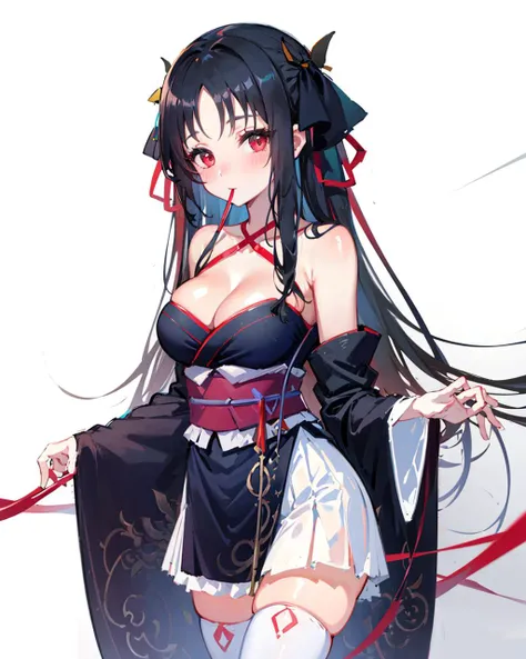 yaya, 1girl, breasts, solo, cleavage, mouth hold, ribbon, large breasts, simple background, white background, detached sleeves, looking at viewer, medium breasts, blush,,<lora:MachineDollYayaV1:1>,parted bangs,