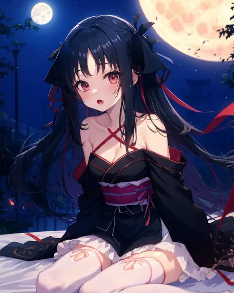 yaya, 1girl, solo, ribbon, moon, night, open mouth, full moon,<lora:MachineDollYayaV1:1>, bangs,white legwear, collarbone, cleavage,