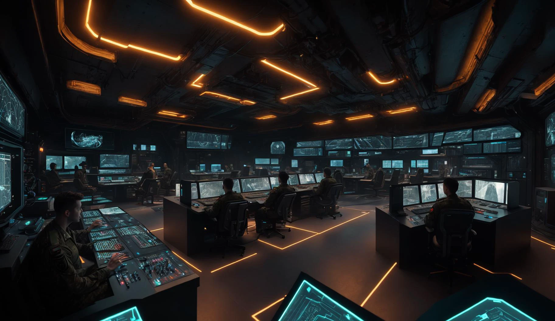 cinematic_angle, best quality, masterpiece, highly detailed, ultra-detailed,
<lora:neg4all_bdsqlsz_V3.5:-1>,
<lora:cic:0.75>, (cic:1.3), science fiction, interior futuristic command center, men seated working at consoles, military jumpsuits with boots, colorful led monitors, control panels with embedded touchscreen user_interface pads, hologram