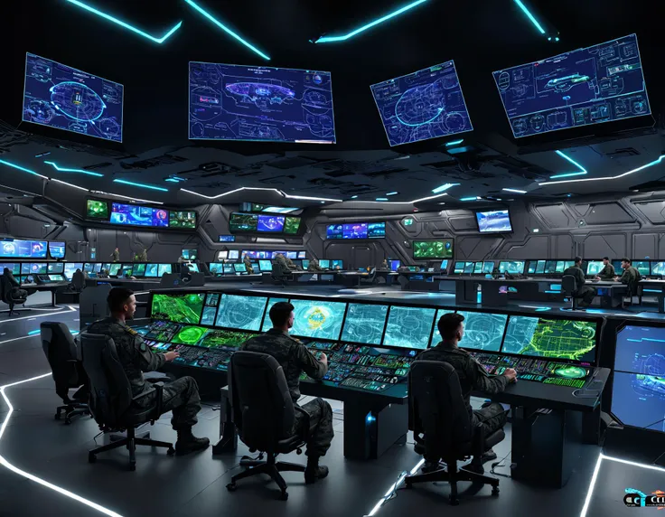 best quality, masterpiece, highly detailed, ultra-detailed, 
<lora:neg4all_bdsqlsz_V3.5:-1>, 
<lora:cic:0.75>, (cic:1.3), science fiction theme, large futuristic command center, men sitting at consoles, led monitors, touchscreen UI control pads, hologram, men wearing military flight suits with boots, <lora: Science fiction theme:0.5>